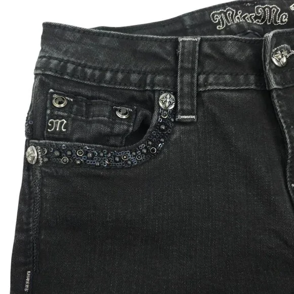 Miss Me Jeans Mid Rise Skinny Black Size 27 Stretch Studs Rhinestones Sequins - Picture 13 of 16